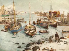 Otto Sinding, Fiskebåter i havn, Olje på lerret