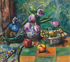 Severin Grande, Oppstilling med tulipaner og frukt, 1927, Olje på lerret