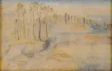 Lars Hertervig, Landskap med skog og vann, Akvarell og gouache på tobakkspapir