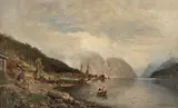 Anders Askevold, Fjordlandskap med folkeliv, 1888, Olje på lerret