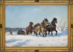 Elisabeth Sinding, Hestespann, vinter, 1899, Olje på lerret oppklebet på plate