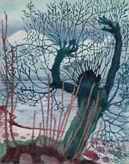 Nikolai Astrup, Vårnatt og seljekall, Fargetresnitt med håndkolorering på tynt papir