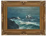 Lauritz Haaland, Kystlandskap med seilskute, 1922, Olje på lerret