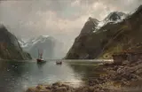 Anders Askevold, Fjordlandskap med folkeliv, 1891, Olje på lerret