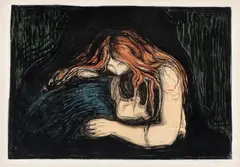 Edvard Munch, Vampyr II, Litografi trykket i svart og fargetresnitt