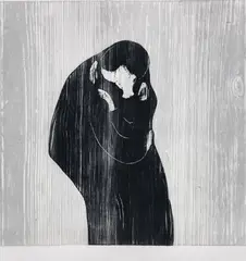Edvard Munch, Kyss IV, Fargetresnitt trykket i svart og grått på tynt