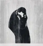 Edvard Munch, Kyss IV, Fargetresnitt trykket i svart og grått på tynt