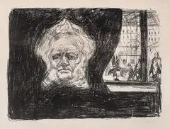 Edvard Munch, Henrik Ibsen på Grand Café, Litografi trykket i svart på tynt hvitt japanpapir