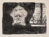 Edvard Munch, Henrik Ibsen på Grand Café, Litografi trykket i svart på tynt hvitt japanpapir