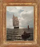 Hans Gude, Båter i rom sjø med fiskere som trekker garn, Olje på mahogniplate