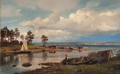 Hans Gude, Fjordlandskap med folkeliv, 1875, Olje på lerret