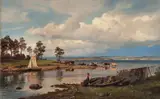 Hans Gude, Fjordlandskap med folkeliv, 1875, Olje på lerret