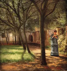 Nils Gude, Haveinteriør med spaserende, lesende kvinne, 1878, Olje på papir, oppklebet på plate
