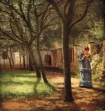 Nils Gude, Haveinteriør med spaserende, lesende kvinne, 1878, Olje på papir, oppklebet på plate