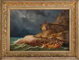 Knud Baade, Fjordlandskap med folkeliv, 1847, Olje på lerret