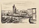 Edvard Munch, Etter Bergens brann I, Litografi trykket i svart på middels tynt beige
