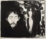Edvard Munch, Sjalusi II, Litografi trykket i svart på tynt Japan papir