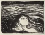 Edvard Munch, På kjærlighetens bølger, Litografi trykket i svart på tynt Japanpapir