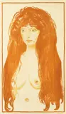Edvard Munch, Kvinne med rødt hår og grønne øyne. Synden, Fargelitografi trykket i gult, rødt og grønt på