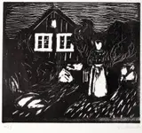 Edvard Munch, Måneskinn utenfor huset, Tresnitt trykket i svart på middels tynt gulhvitt