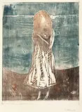 Edvard Munch, Ung kvinne på stranden, Fargetresnitt trykket i brunt, gråblått og rødt