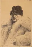Anders Zorn, Selvportrett i ulveskinnspels, 1916, Radering