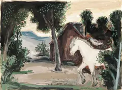 Landskap med hest by Harald Kihle, 1961, Akvarell på papir, sold Dec 2012