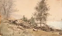 Torskeskjær, Budokken ved Skogsfjord by Amaldus Nielsen, 1858, Akvarell på papir, lysmål, sold Dec 2012