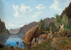 Morten Müller, Fjordlandskap med mann og båt, 1851, Olje på lerret