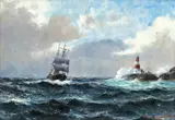 Lauritz Haaland, Seilskute ved fyrtårn, 1907, Olje på lerret