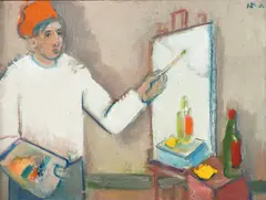 Selvportrett ved staffeliet by Hans Finne-Grønn, Olje på lerret, sold Dec 2012