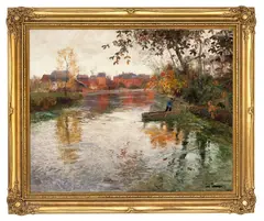 Frits Thaulow, Mann i båt, elvelandskap, Olje på lerret