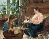 Gustav Wentzel, Interiør med spinnende kone og kardende pike, Olje på lerret