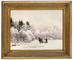 Jacob Gløersen, Tømmerkjøring i vinterlandskap, 1884, Olje på lerret