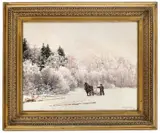 Jacob Gløersen, Tømmerkjøring i vinterlandskap, 1884, Olje på lerret