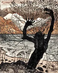 Nikolai Astrup, Vårnatt og seljekall, Fargetresnitt med håndkolorering trykket på tykt