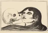 Edvard Munch, Dødskyss, Litografi trykket i svart på middels tynt gulhvitt