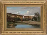 Johan Herman Wedel Anker, Storgård med foss i forgrunnen, 1875, Olje på lerret