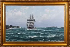 Lauritz Haaland, Seilskute ved klippekyst, 1917, Olje på lerret