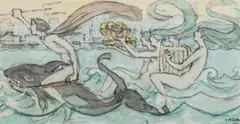Gerhard Munthe, Neptun ridende på delfin med nereider, 1911, Akvarell på papir, lysmål
