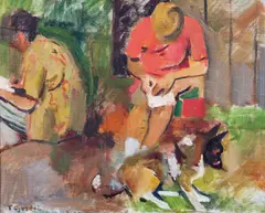 Thoralf Gjesdal, To figurer og hund, Olje på lerret