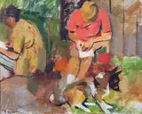 Thoralf Gjesdal, To figurer og hund, Olje på lerret