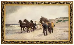Elisabeth Sinding, Båtopptrekking, 1908, Olje på lerret