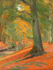 Dirk Smorenberg, Untitled, Oil on canvas Vibrant autumn forest scene featuring a prominent tree trunk in the f