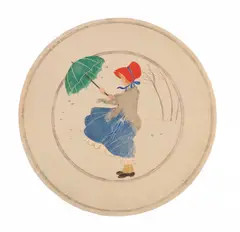 Rie Cramer, Meisje met paraplu in de wind (Aquarel), Watercolour – Girl with Umbrella in the Wind Original watercolour depicting a girl with an
