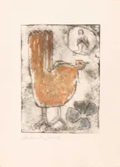 Kip met figuur en bloem ca by Anton Heyboer, 1990, etching on handmade paper Signed in pencil lower left: “Anton Heyboer” Coloured etching, sold Jun 2025