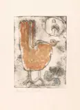 Anton Heyboer, Kip met figuur en bloem ca, 1990, etching on handmade paper Signed in pencil lower left: “Anton Heyboer” Coloured etching