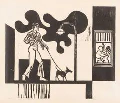 Fré Cohen, Toen hij zijn hondje uitliet, woodcut or linocut on paper