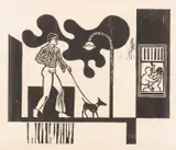 Fré Cohen, Toen hij zijn hondje uitliet, woodcut or linocut on paper