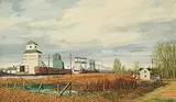 Joseph Ferenc Acs, Untitled - Train Line Grain Elevators, 1978, acrylic on wood board